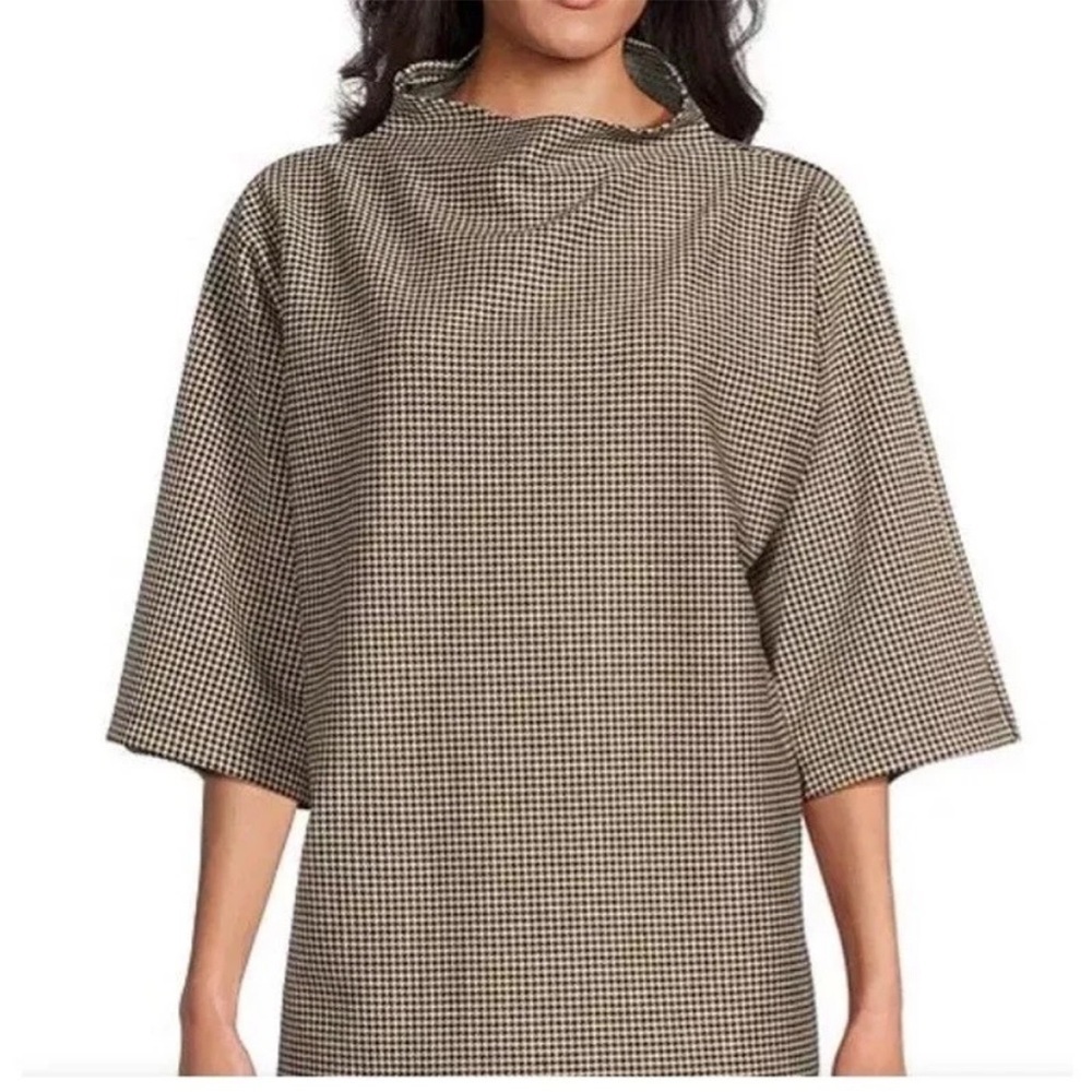 Bryn Walker Adria tan & black jacquard houndstooth funnel neck 3/4 sleeve top